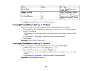 Page 65

Setting
 Options
 Description

Subnet
Mask
 —
 View
orchange theprojectors
 Subnet
Mask
 Gateway
Address
 —
 View
orchange theIPaddress
 for
the projectors gateway
 IP
Address Display
 On
 Selects
whether todisplay theIP
 address
onthe network standby
 Off

screen

Parent
topic:Selecting WirelessNetworkSettingsManually
 Selecting
WirelessNetworkSettingsinWindows
 Before
connecting tothe projector, selectthecorrect wireless networkonyour computer.
 1.
Toaccess yourwireless utilitysoftware, double-click...