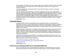 Page 207

without
limitation therights touse, copy, modify, merge,publish, distribute, sublicense, and/orsellcopies
 of
the Software, andtopermit persons towhom theSoftware isfurnished todo so, subject tothe
 following
conditions:
 The
above copyright noticeandthispermission noticeshallbeincluded inall copies orsubstantial
 portions
ofthe Software.
 THE
SOFTWARE ISPROVIDED ASIS,WITHOUT WARRANTY OFANY KIND, EXPRESS OR
 IMPLIED,
INCLUDING BUTNOT LIMITED TOTHE WARRANTIES OFMERCHANTABILITY, FITNESS
 FOR
APARTICULAR...