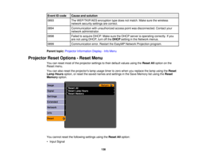 Page 138

Event
IDcode
 Cause
andsolution
 0893
 The
WEP/TKIP/AES encryptiontypedoes notmatch. Makesurethewireless
 network
securitysettingsarecorrect.
 0894
 Communication
withunauthorized accesspointwasdisconnected. Contactyour
 network
administrator.
 0898
 Failed
toacquire DHCP.MakesuretheDHCP serverisoperating correctly.Ifyou
 are
notusing DHCP, turnoffthe DHCP setting inthe Network menus.
 0899
 Communication
error.Restart theEasyMP NetworkProjection program.
 Parent
topic:Projector Information...