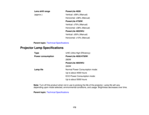 Page 172

Lens
shiftrange
 PowerLite
4650:
 (approx.)
 Vertical:
±58% (Manual)
 Horizontal:
±38% (Manual)
 PowerLite
4750W:
 Vertical:
±70% (Manual)
 Horizontal:
±38% (Manual)
 PowerLite
4855WU:
 Vertical:
±50% (Manual)
 Horizontal:
±10% (Manual)
 Parent
topic:Technical Specifications
 Projector
LampSpecifications
 Type
 UHE
(Ultra HighEfficiency)
 Power
consumption
 PowerLite
4650/4750W :
 280W

PowerLite
4855WU:
 260W

Lamp
life
 Normal
PowerConsumption mode:
 Up
toabout 4000hours
 ECO
Power Consumption mode:...