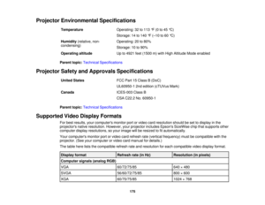 Page 175

Projector
Environmental Specifications
 Temperature
 Operating:
32to113 °F (0 to45 °C)
 Storage:
14to140 °F (– 10 to60 °C)
 Humidity
(relative,non-
 Operating:
20to80%
 condensing)

Storage:
10to90%
 Operating
altitude
 Up
to4921 feet(1500 m)with High Altitude Modeenabled
 Parent
topic:Technical Specifications
 Projector
SafetyandApprovals Specifications
 United
States
 FCC
Part15Class B(DoC)
 UL60950-1
2ndedition (cTUVus Mark)
 Canada
 ICES-003
ClassB
 CSA
C22.2 No.60950-1
 Parent
topic:Technical...