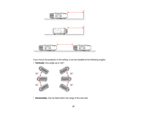 Page 27

If
you mount theprojector tothe ceiling, itcan beinstalled atthe following angles:
 •
Vertically :Any angle upto±30 °.
 •
Horizontally :Can betilted within therange ofthe rear feet.
 27   