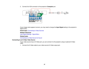 Page 37

2.
Connect theVGA connector tothe projectors Computer port.
 If
your image colorsappear incorrect, youmay need tochange theInput Signal settinginthe projectors
 Signal
menu.
 Parent
topic:Connecting toVideo Sources
 Related
references
 Input
Signal Settings -Signal Menu
 Related
tasks
 Connecting
toaVideo Source forSound
 Connecting
toan S-Video VideoSource
 If
your video source hasanS-Video port,youcanconnect itto the projector usinganoptional S-Video
 cable.

1.
Connect theS-Video cabletoyour video...