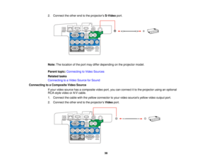 Page 38

2.
Connect theother endtothe projectors S-Videoport.
 Note:
Thelocation ofthe port may differ depending onthe projector model.
 Parent
topic:Connecting toVideo Sources
 Related
tasks
 Connecting
toaVideo Source forSound
 Connecting
toaComposite VideoSource
 If
your video source hasacomposite videoport,youcanconnect itto the projector usinganoptional
 RCA-style
videoorA/V cable.
 1.
Connect thecable withtheyellow connector toyour video sources yellowvideooutput port.
 2.
Connect theother endtothe...