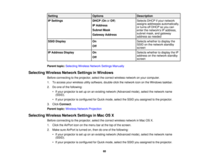 Page 60

Setting
 Options
 Description

IP
Settings
 DHCP
(On orOff )
 Selects
DHCPifyour network
 assigns
addresses automatically,
 IP
Address
 or
turns offDHCP soyou can
 Subnet
Mask
 enter
thenetworks IPaddress,
 subnet
mask,andgateway
 Gateway
Address
 address
asneeded
 SSID
Display
 On
 Selects
whether todisplay the
 SSID
onthe network standby
 Off

screen

IP
Address Display
 On
 Selects
whether todisplay theIP
 address
onthe network standby
 Off

screen

Parent
topic:Selecting...