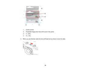Page 81

1
 Center
oflens
 2
 Projected
imagewhenlensshiftisset inthe center
 3
 V
×50%
 4
 H
×10%
 4.
When youarefinished, slidethelens shiftdiallock asshown tolock thedials.
 81   