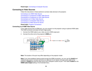 Page 35

Parent
topic:Connecting toComputer Sources
 Connecting
toVideo Sources
 Follow
theinstructions inthese sections toconnect videodevices tothe projector.
 Connecting
toan HDMI Video Source
 Connecting
toaComponent-to-BNC VideoSource
 Connecting
toaComponent-to-VGA VideoSource
 Connecting
toan S-Video VideoSource
 Connecting
toaComposite VideoSource
 Connecting
toaVideo Source forSound
 Parent
topic:Projector Connections
 Connecting
toan HDMI Video Source
 If
your video source hasanHDMI port,youcanconnect...