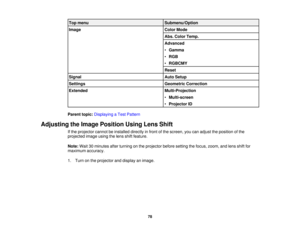 Page 78

Top
menu
 Submenu/Option

Image
 Color
Mode
 Abs.
Color Temp.
 Advanced

•
Gamma
 •
RGB
 •
RGBCMY
 Reset

Signal
 Auto
Setup
 Settings
 Geometric
Correction
 Extended
 Multi-Projection

•
Multi-screen
 •
Projector ID
 Parent
topic:Displaying aTest Pattern
 Adjusting
theImage Position UsingLensShift
 If
the projector cannotbeinstalled directlyinfront ofthe screen, youcanadjust theposition ofthe
 projected
imageusingthelens shiftfeature.
 Note:
Wait30minutes afterturning onthe projector beforesetting...