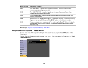 Page 115

Event
IDcode
 Cause
andsolution
 0892
 The
WPA/WPA2 authentication typedoes notmatch. Makesurethewireless
 network
securitysettingsarecorrect.
 0893
 The
WEP/TKIP/AES encryptiontypedoes notmatch. Makesurethewireless
 network
securitysettingsarecorrect.
 0894
 Communication
withunauthorized accesspointwasdisconnected. Contactyour
 network
administrator.
 0898
 Failed
toacquire DHCPaddress. MakesuretheDHCP serverisoperating correctly.
 If
you arenotusing DHCP, turnoffthe DHCP setting inthe Network...
