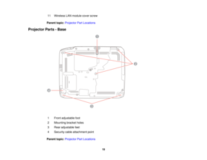 Page 19

11
 Wireless
LANmodule coverscrew
 Parent
topic:Projector PartLocations
 Projector
Parts-Base
 1
 Front
adjustable foot
 2
 Mounting
bracketholes
 3
 Rear
adjustable feet
 4
 Security
cableattachment point
 Parent
topic:Projector PartLocations
 19  