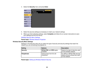 Page 60

4.
Select theSecurity menuandpress Enter.
 5.
Select thesecurity settingsasnecessary tomatch yournetwork settings.
 6.
When youfinish selecting settings,selectComplete andfollow theon-screen instructions tosave
 your
settings andexitthemenus.
 Wireless
SecurityMenuSettings
 Parent
topic:Wireless NetworkProjection
 Wireless
SecurityMenuSettings
 Settings
onthe Security menuletyou select thetype ofsecurity andsecurity settingsthatmatch the
 network
youareconnecting theprojector to.
 Setting
 Options...