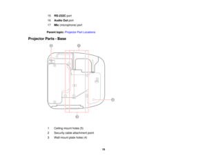 Page 19

15
 RS-232C
port
 16
 Audio
Outport
 17
 Mic
(microphone) port
 Parent
topic:Projector PartLocations
 Projector
Parts-Base
 1
 Ceiling
mountholes(5)
 2
 Security
cableattachment point
 3
 Wall
mount plateholes (4)
 19  