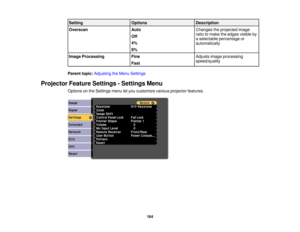 Page 164Setting
Options Description
Overscan Auto Changes the projected image
ratio to make the edges visible by
Off
a selectable percentage or
4% automatically
8%
Image Processing Fine Adjusts image processing
speed/quality
Fast
Parent topic: Adjusting the Menu Settings
Projector Feature Settings - Settings Menu Options on the Settings menu let you customize various projector features.
164 