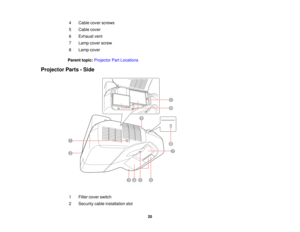 Page 204 Cable cover screws
5 Cable cover
6 Exhaust vent
7 Lamp cover screw
8 Lamp cover
Parent topic: Projector Part Locations
Projector Parts - Side
1 Filter cover switch
2 Security cable installation slot 20  