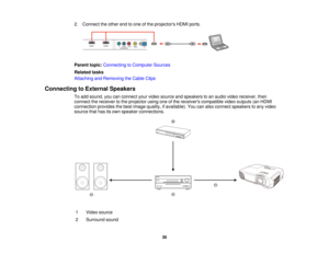 Page 30

2.
Connect theother endtoone ofthe projectors HDMIports.
 Parent
topic:Connecting toComputer Sources
 Related
tasks
 Attaching
andRemoving theCable Clips
 Connecting
toExternal Speakers
 To
add sound, youcanconnect yourvideo source andspeakers toan audio videoreceiver, then
 connect
thereceiver tothe projector usingoneofthe receivers compatible videooutputs (anHDMI
 connection
providesthebest image quality, ifavailable). Youcanalso connect speakers toany video
 source
thathasitsown speaker...