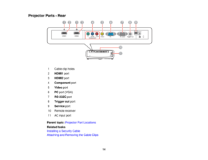 Page 14

Projector
Parts-Rear
 1
 Cable
clipholes
 2
 HDMI1
port
 3
 HDMI2
port
 4
 Component
port
 5
 Video
port
 6
 PC
port (VGA)
 7
 RS-232C
port
 8
 Trigger
outport
 9
 Service
port
 10
 Remote
receiver
 11
 AC
input port
 Parent
topic:Projector PartLocations
 Related
tasks
 Installing
aSecurity Cable
 Attaching
andRemoving theCable Clips
 14  