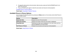 Page 59

3.
Toswap themain screen andsub-screen videosources, pressandhold theP-in-P buttonforat
 least
three seconds.
 4.
Press theP-in-P buttonagaintoclose thesub-screen andresume normalprojection.
 Available
PictureinPicture Options
 Parent
topic:UsingBasicProjector Features
 Available
PictureinPicture Options
 You
canadjust thefollowing optionsbypressing theMenu button onthe remote controlwhilePicture in
 Picture
modeisactive:
 Setting
 Description

Subscreen
Size
 Adjusts
thesize ofthe sub-screen...