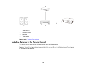 Page 33

1
 Video
source
 2
 Surround
sound
 3
 Receiver

4
 Video
cable
 Parent
topic:Projector Connections
 Installing
Batteriesinthe Remote Control
 The
remote controlusesthetwo AAbatteries thatcame withtheprojector.
 Caution:
Useonly thetype ofbatteries specified inthis manual. Donot install batteries ofdifferent types,
 or
mix new andoldbatteries.
 33  