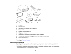 Page 121 Projector
2 Remote control
3 Remote control batteries (two AA alkaline)
4 Power cord
5 Projector documentation CD
6 3D glasses (2 pairs)
7 WirelessHD Transmitter (PowerLite Pro Cinema LS9600e)
8 WirelessHD Transmitter AC adapter (PowerLite Pro Cinema LS9600e)
9 HDMI cable clamps (2)
Parent topic: Projector Features
Additional Components Depending on how you plan to use the projector, you may need to obtain the following additional
components:
• To receive a component video signal, you need a compatible...