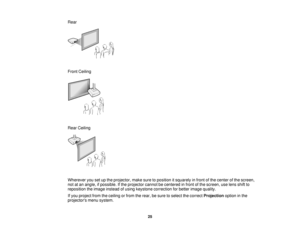 Page 25Rear
Front Ceiling
Rear Ceiling
Wherever you set up the projector, make sure to position it squarely in front of the center of the screen,
not at an angle, if possible. If the projector cannot be centered in front of the screen, use lens shift to
reposition the image instead of using keystone correction for better image quality.
If you project from the ceiling or from the rear, be sure to select the correct
Projectionoption in the
projectors menu system.
25    