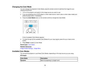 Page 73Changing the Color Mode
You can change the projectors Color Mode using the remote control to optimize the image for your
viewing environment.
1. Turn on the projector and switch to the image source you want to use.
2. If you are projecting from a DVD player or other video source, insert a disc or other video media andpress the play button, if necessary.
3. Press the Color Modebutton on the remote control to change the Color Mode.
A list of available Color Modes appears.
4. To cycle through all the...