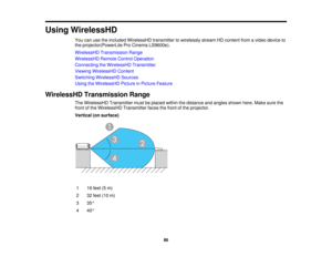 Page 86Using WirelessHD
You can use the included WirelessHD transmitter to wirelessly stream HD content from a video device to
the projector(PowerLite Pro Cinema LS9600e).
WirelessHD Transmission Range
WirelessHD Remote Control Operation
Connecting the WirelessHD Transmitter
Viewing WirelessHD Content
Switching WirelessHD Sources
Using the WirelessHD Picture in Picture Feature
WirelessHD Transmission Range The WirelessHD Transmitter must be placed within the distance and angles shown here. Make sure the
front...