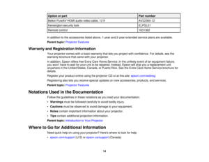 Page 14

Option
orpart
 Part
number
 Belkin
PureAV HDMIaudiovideocable, 12ft
 AV22300-12

Kensington
securitylock
 ELPSL01

Remote
control
 1631362

In
addition tothe accessories listedabove, 1-yearand2-year extended serviceplansareavailable.
 Parent
topic:Projector Features
 Warranty
andRegistration Information
 Your
projector comeswithabasic warranty thatletsyou project withconfidence. Fordetails, seethe
 warranty
brochure thatcame withyour projector.
 In
addition, EpsonoffersfreeExtra CareHome Service. Inthe...