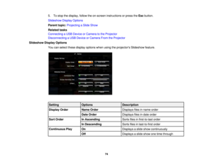 Page 74

5.
Tostop thedisplay, followtheon-screen instructions orpress theEsc button.
 Slideshow
DisplayOptions
 Parent
topic:Projecting aSlide Show
 Related
tasks
 Connecting
aUSB Device orCamera tothe Projector
 Disconnecting
aUSB Device orCamera FromtheProjector
 Slideshow
DisplayOptions
 You
canselect thesedisplay options whenusingtheprojectors Slideshowfeature.
 Setting
 Options
 Description

Display
Order
 Name
Order
 Displays
filesinname order
 Date
Order
 Displays
filesindate order
 Sort
Order
 In...