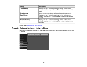 Page 104

Setting
 Description

Load
Memory
 Displays
thelistofcustomized settingsentriesthatyouhave
 created;
selectanentry andpress Enter onthe remote controlto
 load
it
 Save
Memory
 Saves
thecurrent projector settingstothe projectors memory
 Erase
Memory
 Displays
thelistofcustomized settingsentriesthatyouhave
 created;
selectanentry andpress Enter onthe remote controlto
 erase
it
 Rename
Memory
 Displays
thelistofcustomized settingsentriesthatyouhave
 created;
selectanentry andpress Enter onthe remote...