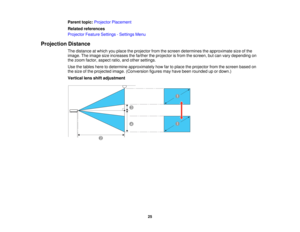 Page 25

Parent
topic:Projector Placement
 Related
references
 Projector
FeatureSettings -Settings Menu
 Projection
Distance
 The
distance atwhich youplace theprojector fromthescreen determines theapproximate sizeofthe
 image.
Theimage sizeincreases thefarther theprojector isfrom thescreen, butcan vary depending on
 the
zoom factor, aspect ratio,andother settings.
 Use
thetables heretodetermine approximately howfartoplace theprojector fromthescreen basedon
 the
size ofthe projected image.(Conversion...