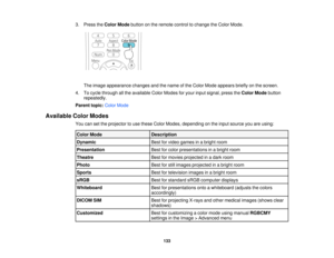 Page 1333. Press the
Color Modebutton on the remote control to change the Color Mode.
The image appearance changes and the name of the Color Mode appears briefly on the screen.
4. To cycle through all the available Color Modes for your input signal, press the Color Modebutton
repeatedly.
Parent topic: Color Mode
Available Color Modes You can set the projector to use these Color Modes, depending on the input source you are using:
Color Mode Description
Dynamic Best for video games in a bright room
Presentation...