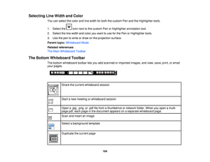 Page 194Selecting Line Width and Color
You can select the color and line width for both the custom Pen and the Highlighter tools.
1. Select the icon next to the custom Pen or Highlighter annotation tool.
2. Select the line width and color you want to use for the Pen or Highlighter tools.
3. Use the pen to write or draw on the projection surface.
Parent topic:Whiteboard Mode
Related references
The Main Whiteboard Toolbar
The Bottom Whiteboard Toolbar The bottom whiteboard toolbar lets you add scanned or imported...