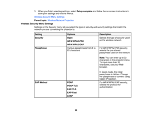 Page 983. When you finish selecting settings, select
Setup completeand follow the on-screen instructions to
save your settings and exit the menus.
Wireless Security Menu Settings
Parent topic: Wireless Network Projection
Wireless Security Menu Settings Settings on the Security menu let you select the type of security and security settings that match the
network you are connecting the projector to.
Setting OptionsDescription
Security OpenSelects the type of security used
on the wireless network
WPA/WPA2-PSK...