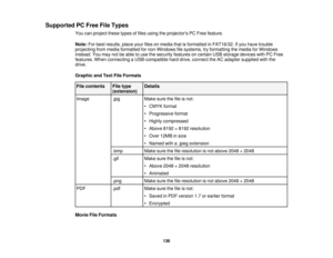 Page 136Supported PC Free File Types
You can project these types of files using the projectors PC Free feature.
Note:For best results, place your files on media that is formatted in FAT16/32. If you have trouble
projecting from media formatted for non-Windows file systems, try formatting the media for Windows
instead. You may not be able to use the security features on certain USB storage devices with PC Free
features. When connecting a USB-compatible hard drive, connect the AC adapter supplied with the
drive....