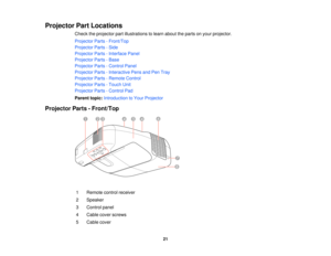 Page 21Projector Part Locations
Check the projector part illustrations to learn about the parts on your projector.
Projector Parts - Front/Top
Projector Parts - Side
Projector Parts - Interface Panel
Projector Parts - Base
Projector Parts - Control Panel
Projector Parts - Interactive Pens and Pen Tray
Projector Parts - Remote Control
Projector Parts - Touch Unit
Projector Parts - Control Pad
Parent topic:Introduction to Your Projector
Projector Parts - Front/Top
1 Remote control receiver
2 Speaker
3 Control...