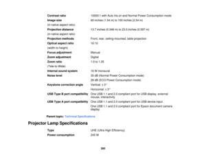 Page 300Contrast ratio
10000:1 with Auto Iris on and Normal Power Consumption mode
Image size 60 inches (1.54 m) to 100 inches (2.54 m)
(in native aspect ratio)
Projection distance 13.7 inches (0.348 m) to 23.5 inches (0.597 m)
(in native aspect ratio)
Projection methods Front, rear, ceiling-mounted, table projection
Optical aspect ratio 16:10
(width-to-height)
Focus adjustment Manual
Zoom adjustment Digital
Zoom ratio 1.0 to 1.35
(Tele-to-Wide)
Internal sound system 16 W monaural
Noise level 35 dB (Normal Power...