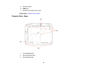Page 18

9
 Remote
receiver
 10
 Video
port
 11
 Wireless
LANmodule coverscrew
 Parent
topic:Projector PartLocations
 Projector
Parts-Base
 1
 Front
adjustable foot
 2
 Mounting
bracketholes
 3
 Rear
adjustable feet
 18  