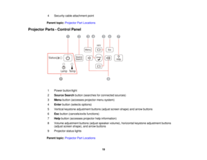 Page 19

4
 Security
cableattachment point
 Parent
topic:Projector PartLocations
 Projector
Parts-Control Panel
 1
 Power
button/light
 2
 Source
Searchbutton(searches forconnected sources)
 3
 Menu
button (accesses projectormenusystem)
 4
 Enter
button (selects options)
 5
 Vertical
keystone adjustment buttons(adjustscreen shape) andarrow buttons
 6
 Esc
button (cancels/exits functions)
 7
 Help
button (accesses projectorhelpinformation)
 8
 Volume
adjustment buttons(adjustspeaker volume), horizontal...