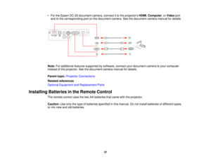 Page 37

•
For theEpson DC-20 document camera,connectitto the projectors HDMI,Computer ,or Video port
 and
tothe corresponding portonthe document camera.Seethedocument cameramanualfordetails.
 Note:
Foradditional featuressupported bysoftware, connectyourdocument cameratoyour computer
 instead
ofthe projector. Seethedocument cameramanualfordetails.
 Parent
topic:Projector Connections
 Related
references
 Optional
Equipment andReplacement Parts
 Installing
Batteriesinthe Remote Control
 The
remote...