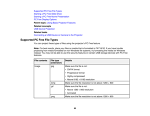 Page 85

Supported
PCFree FileTypes
 Starting
aPC Free Slide Show
 Starting
aPC Free Movie Presentation
 PC
Free Display Options
 Parent
topic:UsingBasicProjector Features
 Related
concepts
 USB
Device Projection
 Related
tasks
 Connecting
aUSB Device orCamera tothe Projector
 Supported
PCFree FileTypes
 You
canproject thesetypesoffiles using theprojectors PCFree feature.
 Note:
Forbest results, placeyourfilesonmedia thatisformatted inFAT16/32. Ifyou have trouble
 projecting
frommedia formatted fornon-Windows...