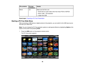 Page 86

File
contents
 File
type
 Details

(extension)

Movie
 .avi
 Make
surethefileisnot:
 •
Saved withanaudio codec otherthanlinear PCMorADPCM
 •
Above 1280×720 resolution
 •
Larger than2GB
 Parent
topic:Projecting aPC Free Presentation
 Starting
aPC Free Slide Show
 After
connecting aUSB device ordigital camera tothe projector, youcanswitch tothe USB input source
 and
start your slide show.
 Note:
Youcanchange thePCFree operation optionsoradd special effectsbyhighlighting Optionatthe
 bottom
ofthe screen...