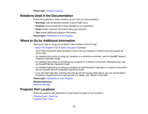 Page 15

Parent
topic:Projector Features
 Notations
Usedinthe Documentation
 Follow
theguidelines inthese notations asyou read yourdocumentation:
 •
Warnings mustbefollowed carefully toavoid bodily injury.
 •
Cautions mustbeobserved toavoid damage toyour equipment.
 •
Notes contain important information aboutyourprojector.
 •
Tips contain additional projection information.
 Parent
topic:Introduction toYour Projector
 Where
toGo forAdditional Information
 Need
quickhelponusing yourprojector? Hereswheretolook...