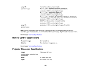 Page 230

Lamp
life
 Normal
PowerConsumption mode:
 (standard
lamps)
 PowerLite
ProZ9870NL/Z9800WNL/Z9750UNL :
 Up
toabout 3000hours (using twolamps)
 PowerLite
ProZ9900WNL/Z9870UNL :
 Up
toabout 2500hours (using twolamps)
 PowerLite
ProZ11005NL/Z11000WNL/Z10000UNL/Z10005UNL :
 Up
toabout 2000hours (using twolamps)
 ECO
Power Consumption mode(allmodels):
 Up
toabout 4000hours (using twolamps)
 Lamp
life
 Up
toabout 1000hours (using twolamps; allmodels)
 (portrait
lamps)
 Note:
Turnoffthis product whennotinuse...