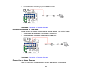 Page 41

2.
Connect theother endtothe projectors DVI-Dconnector.
 Parent
topic:Connecting toComputer Sources
 Connecting
toaComputer for5BNC Video
 You
canconnect theprojector toyour computer usinganoptional VGA-to-5-BNC cable.
 1.
Connect theVGA connector toyour computers monitorport.
 2.
Connect the5BNC connectors tothe projectors BNCports.
 Parent
topic:Connecting toComputer Sources
 Connecting
toVideo Sources
 Follow
theinstructions inthese sections toconnect videodevices tothe projector.
 41   