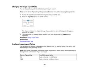 Page 130Changing the Image Aspect Ratio
You can change the aspect ratio of the displayed image to resize it.
Note:Set the Screen Type setting in the projectors Extended menu before changing the aspect ratio.
1. Turn on the projector and switch to the image source you want to use.
2. Press the Aspectbutton on the remote control.
The shape and size of the displayed image changes, and the name of the aspect ratio appears
briefly on the screen.
3. To cycle through the available aspect ratios for your input signal,...