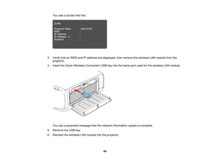 Page 64You see a screen like this:
3. Verify that an SSID and IP address are displayed, then remove the wireless LAN module from the projector.
4. Insert the Quick Wireless Connection USB key into the same port used for the wireless LAN module.
You see a projected message that the network information update is complete.
5. Remove the USB key.
6. Reinsert the wireless LAN module into the projector.
64  