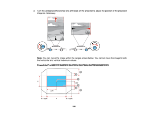 Page 1003. Turn the vertical and horizontal lens shift dials on the projector to adjust the position of the projected
image as necessary.
Note: You can move the image within the ranges shown below. You cannot move the image to both
the horizontal and vertical maximum values.
PowerLite Pro G6070W/G6270W/G6470WU/G6570WU/G6770WU/G6970WU
100   