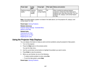 Page 217Power light Lamp Temp light Filter light Status and solution
light
Flashing orange Flashing Flashing Off When transferring settings between
rapidly orange orange rapidly projectors, writing may have failed and a
rapidly projector error may have occurred. Turn the
projector off, unplug it, and contact Epson
for help.
Note: If the lights display a pattern not listed in the table above, turn the projector off, unplug it, and
contact Epson for help.
Parent topic: Solving Problems
Related references
Projector...