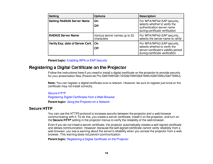 Page 74Setting
OptionsDescription
Setting RADIUS Server Name On For WPA/WPA2-EAP security,
selects whether to verify the
Off
authentication server name
during certificate verification
RADIUS Server Name Various server names up to 32 For WPA/WPA2-EAP security,
charactersselects the server name to verify
Verify Exp. date of Server Cert. On For WPA/WPA2-EAP security,
selects whether to verify the
Off
server certificates validity period
during certificate verification
Parent topic: Enabling WPA or EAP Security...