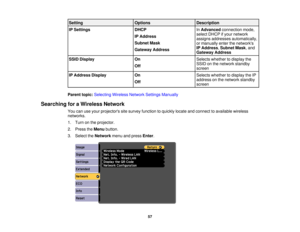 Page 57Setting
OptionsDescription
IP Settings DHCPInAdvanced connection mode,
select DHCP if your network
IP Address
assigns addresses automatically,
Subnet Mask or manually enter the networks
IP Address,Subnet Mask, and
Gateway Address
Gateway Address
SSID Display OnSelects whether to display the
SSID on the network standby
Off
screen
IP Address Display OnSelects whether to display the IP
address on the network standby
Off
screen
Parent topic: Selecting Wireless Network Settings Manually
Searching for a...